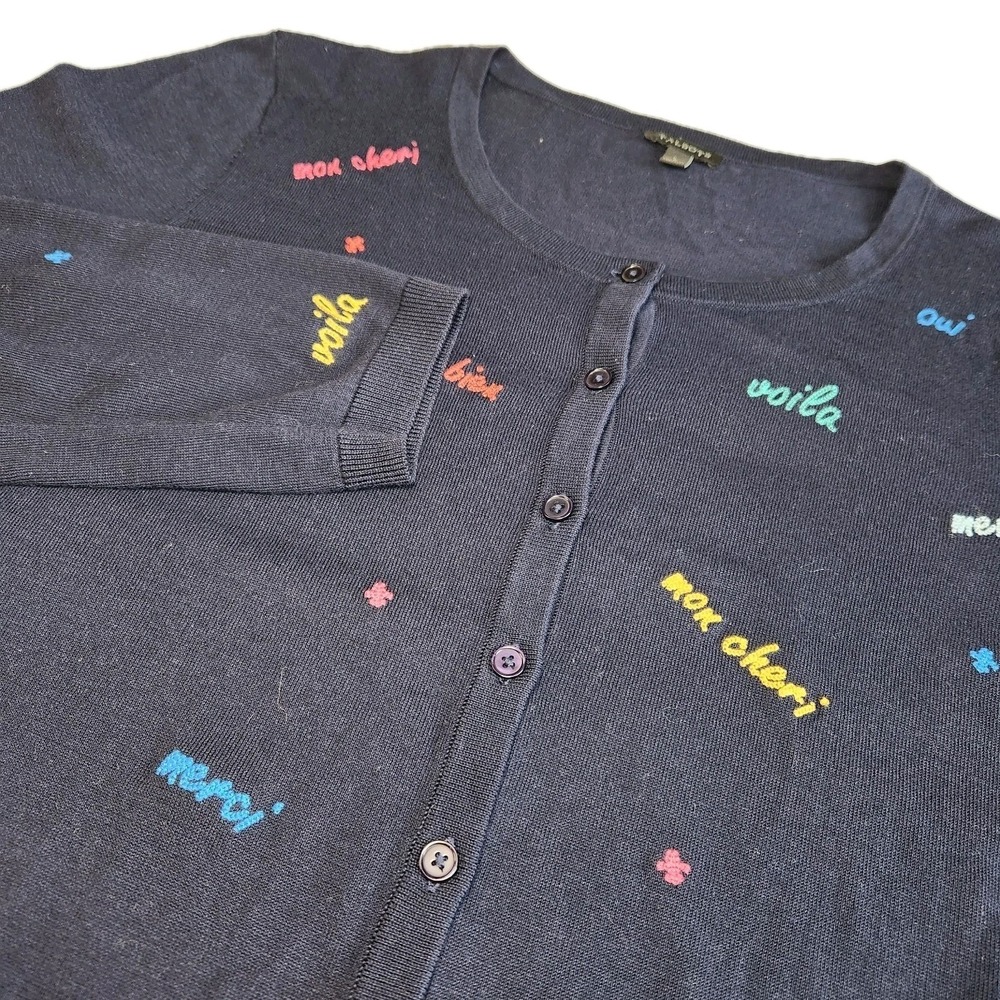 TALBOTS‎ Cardigan Sweater Womens Large Navy Blue French All Over Embroidered